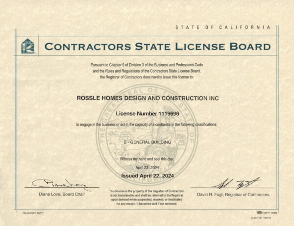 Rossle Homes Contractor License page1